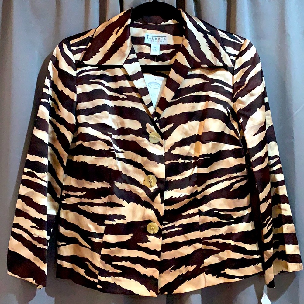 TALBOTS COLLECTION SAFARI ZEBRA ANIMAL PRINT SILK JACKET W/BUTTONS BLAZER SIZE 6
